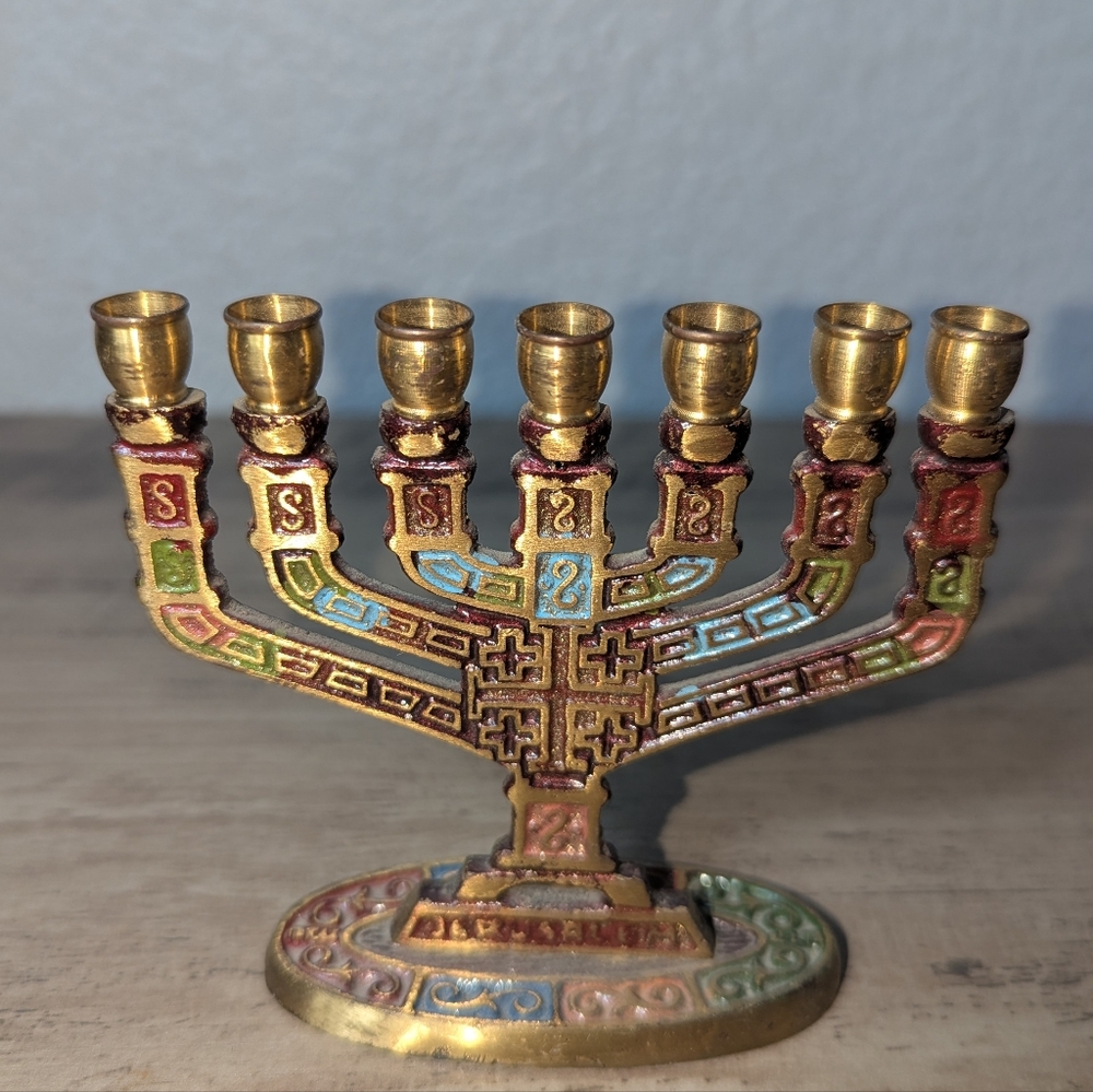 Mini Brass Menorah 7 Candles Marked Jerusalem